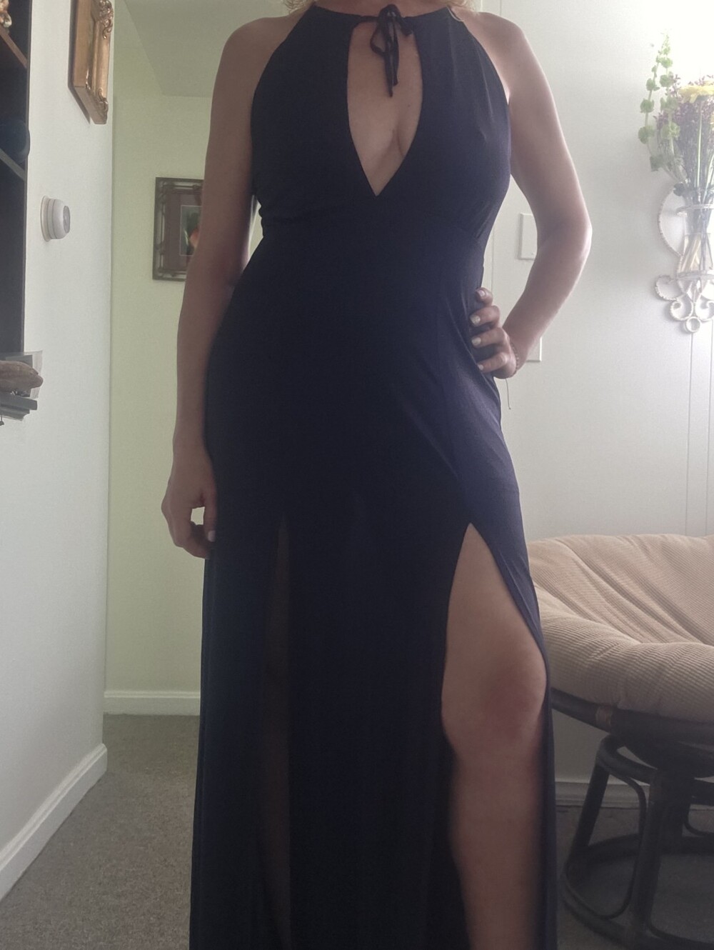 Wylder Navy Blue Plunging Maxi Dress with Front Slits
